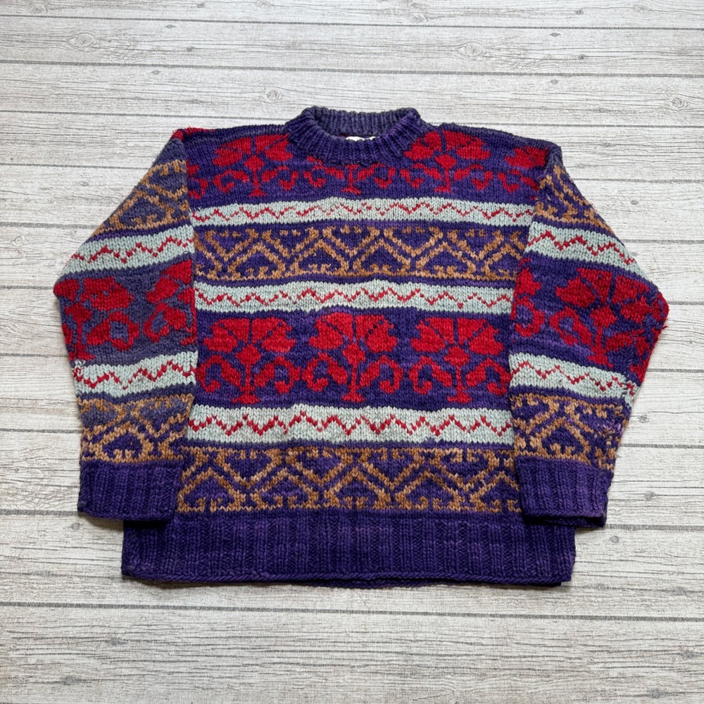 Vintage Wool Fair Isle Sweater Women's M Purple Floral Knit Pullover Cottagecore